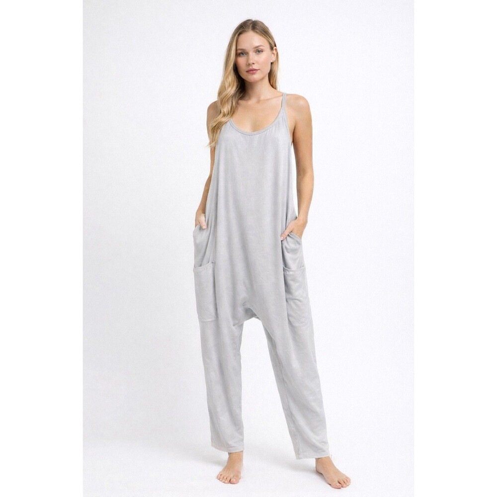 Light Gray Racerback Drop Front Straight Leg Lounge Jumpsuit M